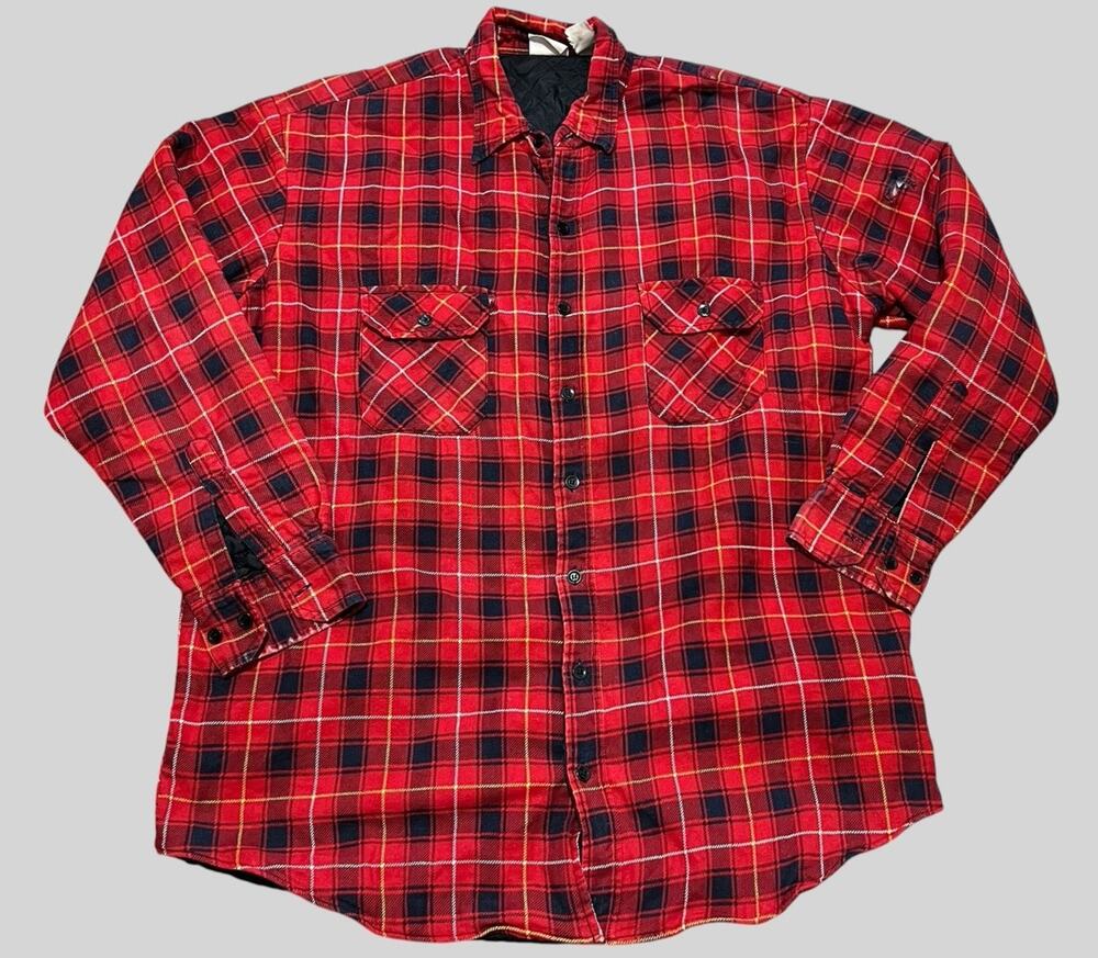 Vtg Sports Afield Men XL Quilted Red Flannel Shirt Jacket Distressed Thrashed